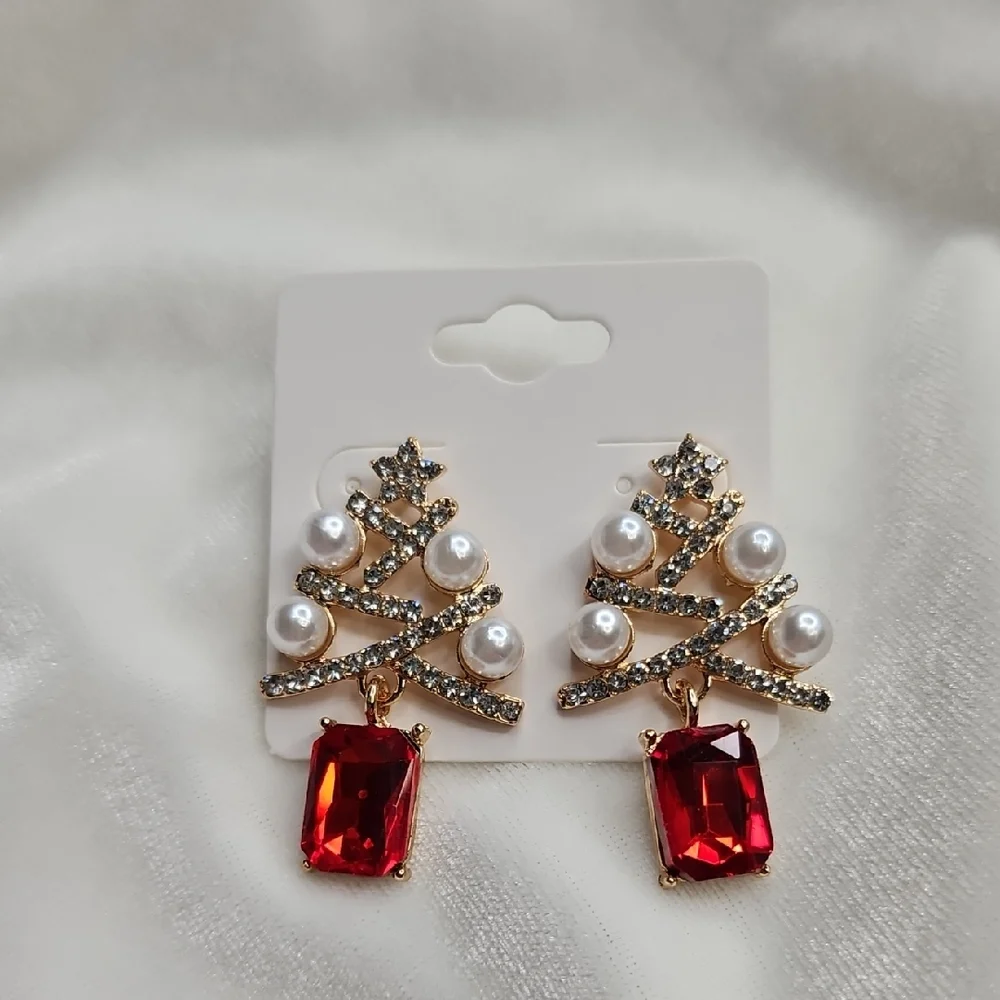 Ladies Christmas Tree Pearls Rhinestone Earrings Red Dangle Fashion Jewelry NEW
